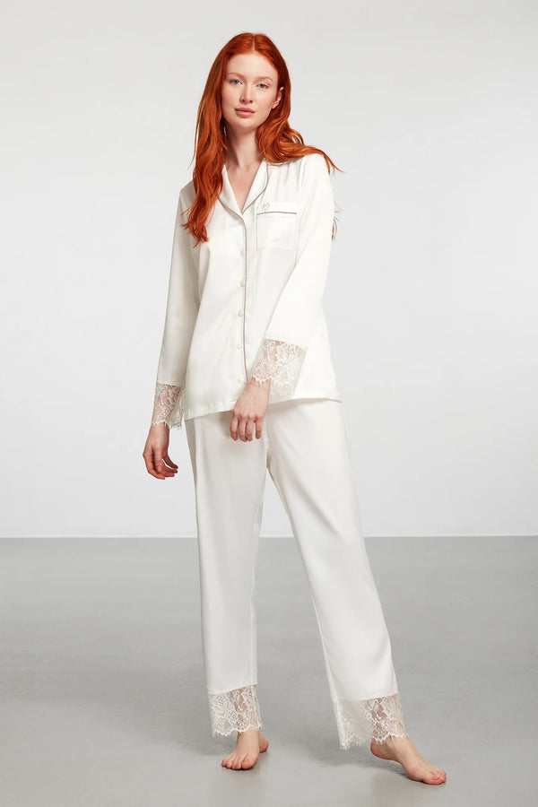 Ivory Elegance – Buttoned Satin Pajama Set with Lace Trim