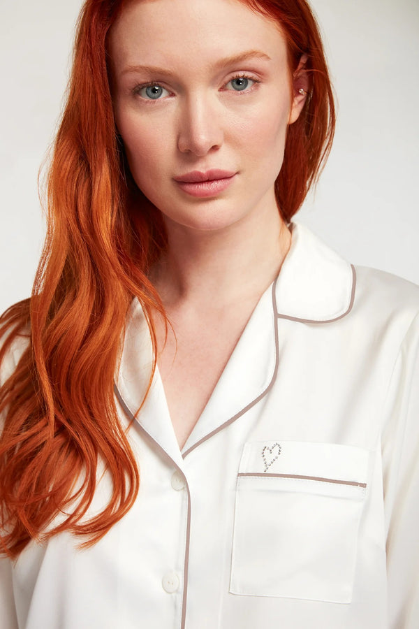 Ivory Elegance – Buttoned Satin Pajama Set with Lace Trim