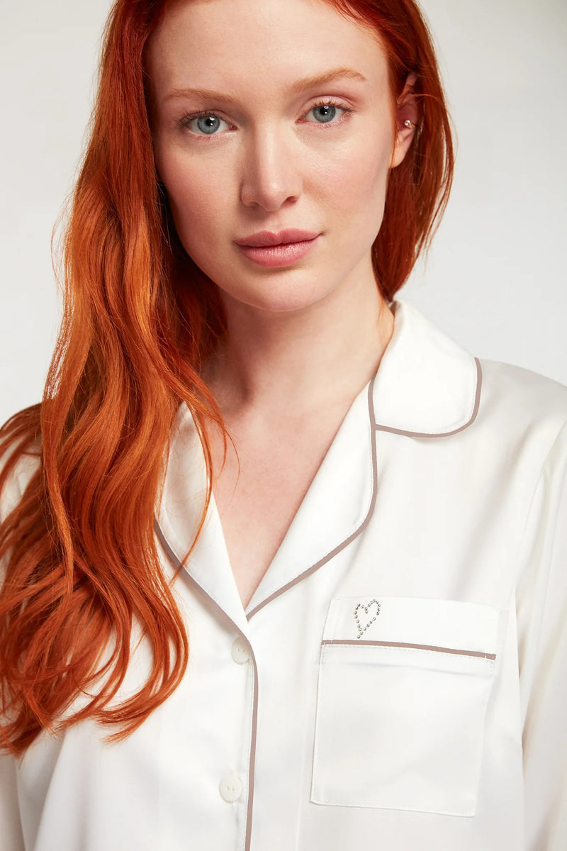 Ivory Elegance – Buttoned Satin Pajama Set with Lace Trim