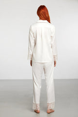 Ivory Elegance – Buttoned Satin Pajama Set with Lace Trim